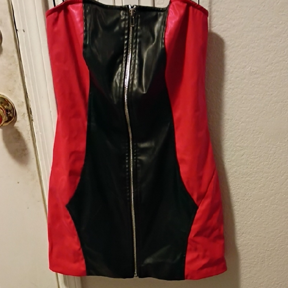 Windsor Black Faux Leather Strapless Mini Dress with Red Side Panels